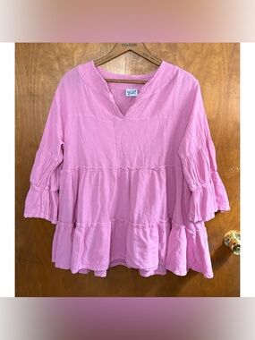 Oh My Gauze Pink Tiered Peasant Tunic Babydoll Top Gauzy Cotton Lagenlook Boho